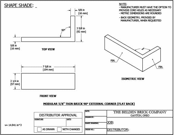 Modular 5/8" 90° External Corner Flat Back Thin Brick Specification
