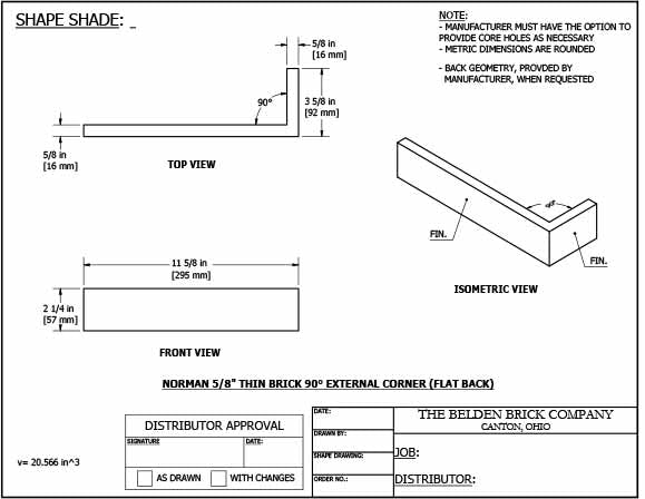 Norman 5/8" 90° External Corner Flat Back Thin Brick Specification